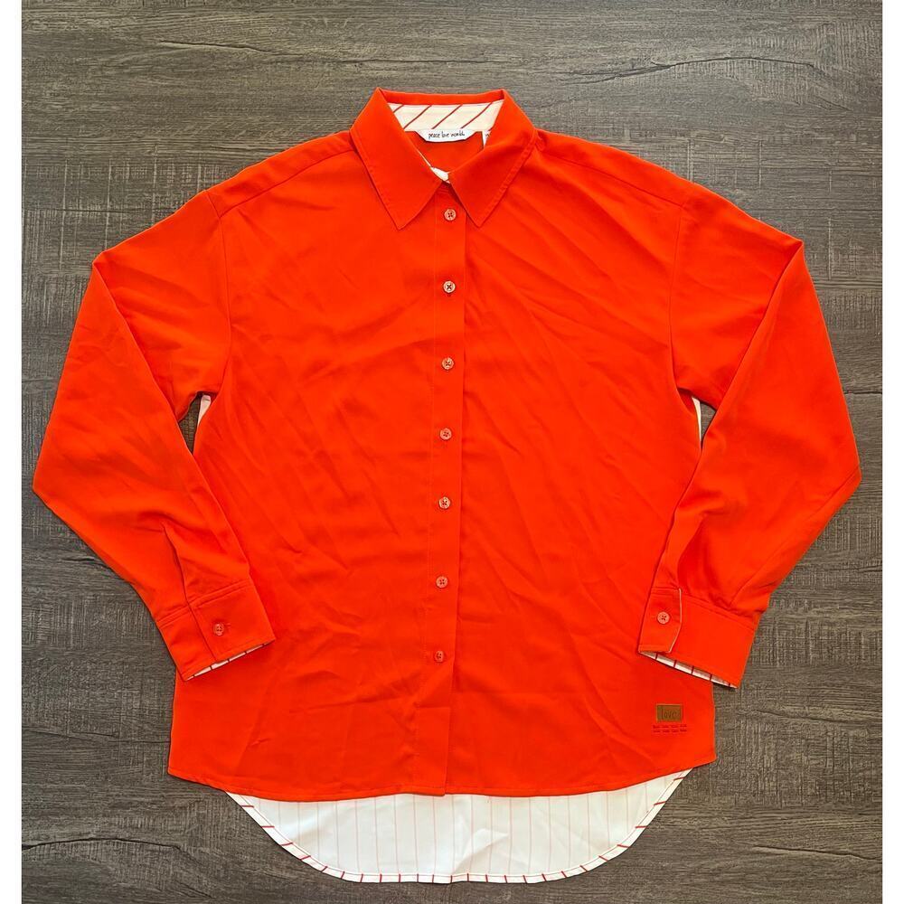 Peace Love World Women's Relaxed Woven Button Up Shirt, Orange, Size XXS - Picture 3 of 11